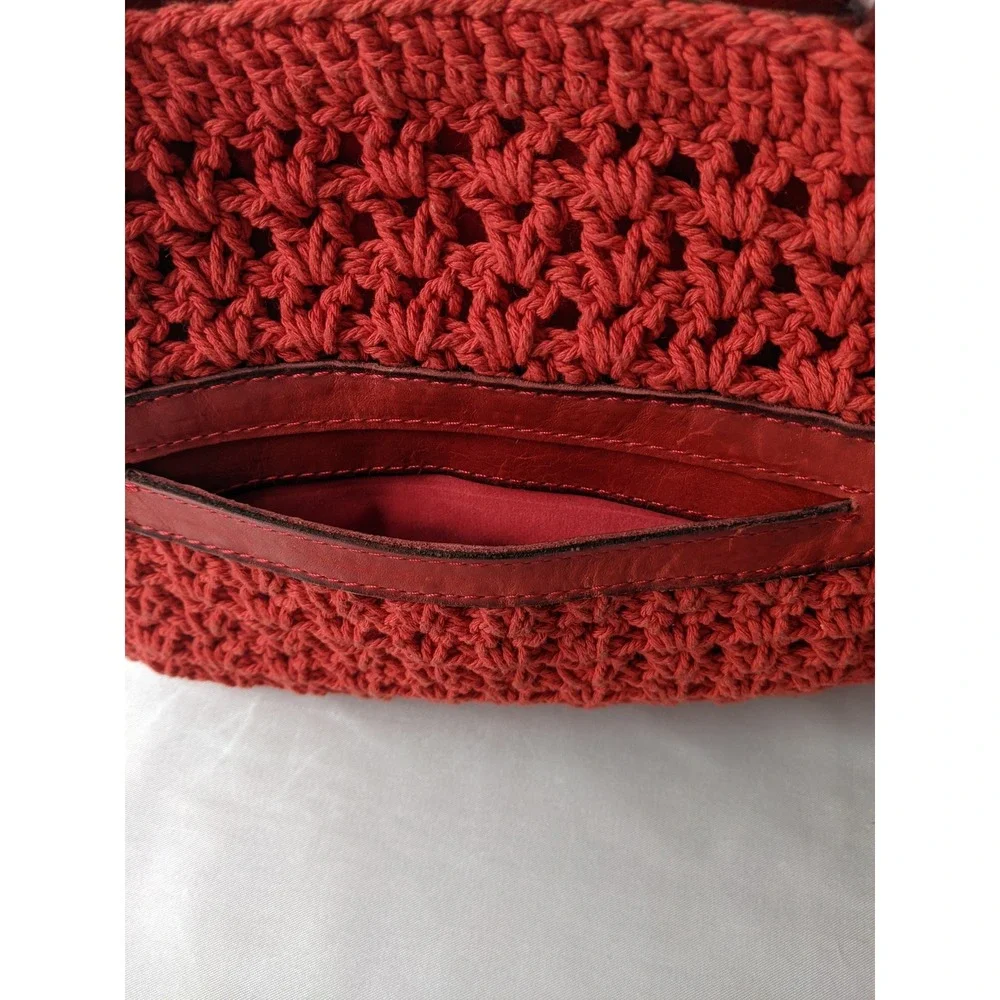 Patricia Nash Red Crochet Floral Satchel Bag Bamboo Handles Boho Handbag